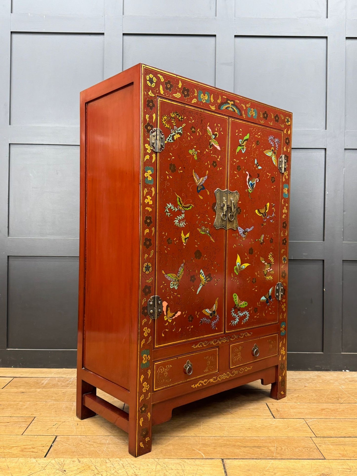 Red Lacquer Shanxi Butterfly Cabinet – Hand Painted Chinese Armoire Cupboard