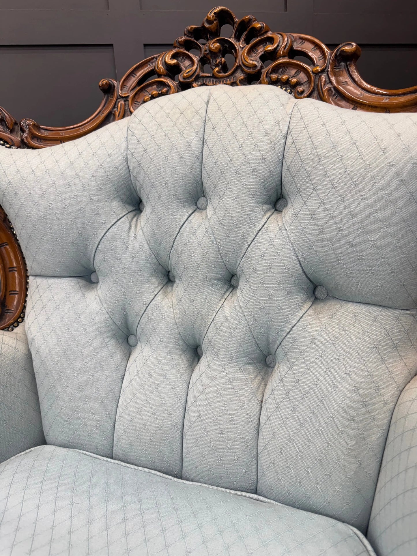 Pair Vintage Armchairs French Louis XV Style Rococo Carved Wood Upholstered
