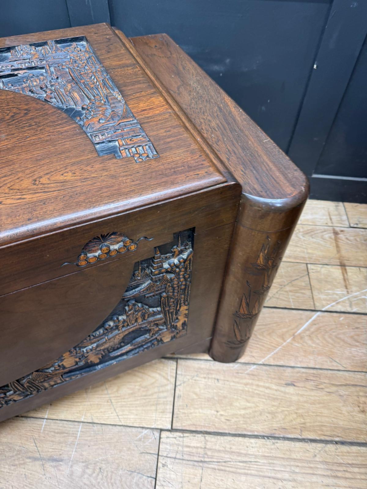 Mid-Century Chinese Carved Camphorwood Blanket Chest Trunk Box Coffee Table