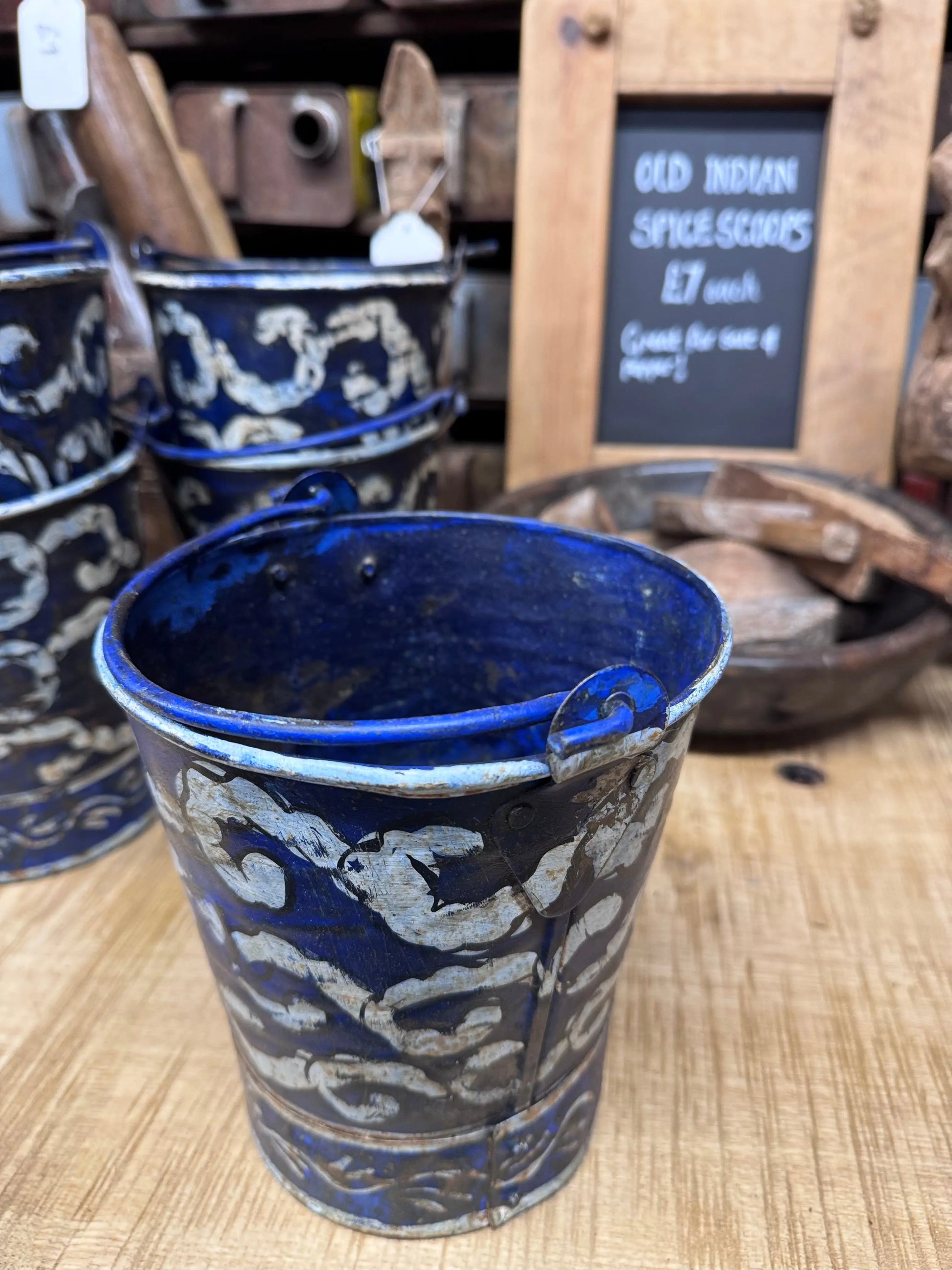 Vintage Blue Metal Plant Pot Bucket Rustic Herb Planter Indoor Outdoor Decor RUSTIC WAREHOUSE NORFOLK
