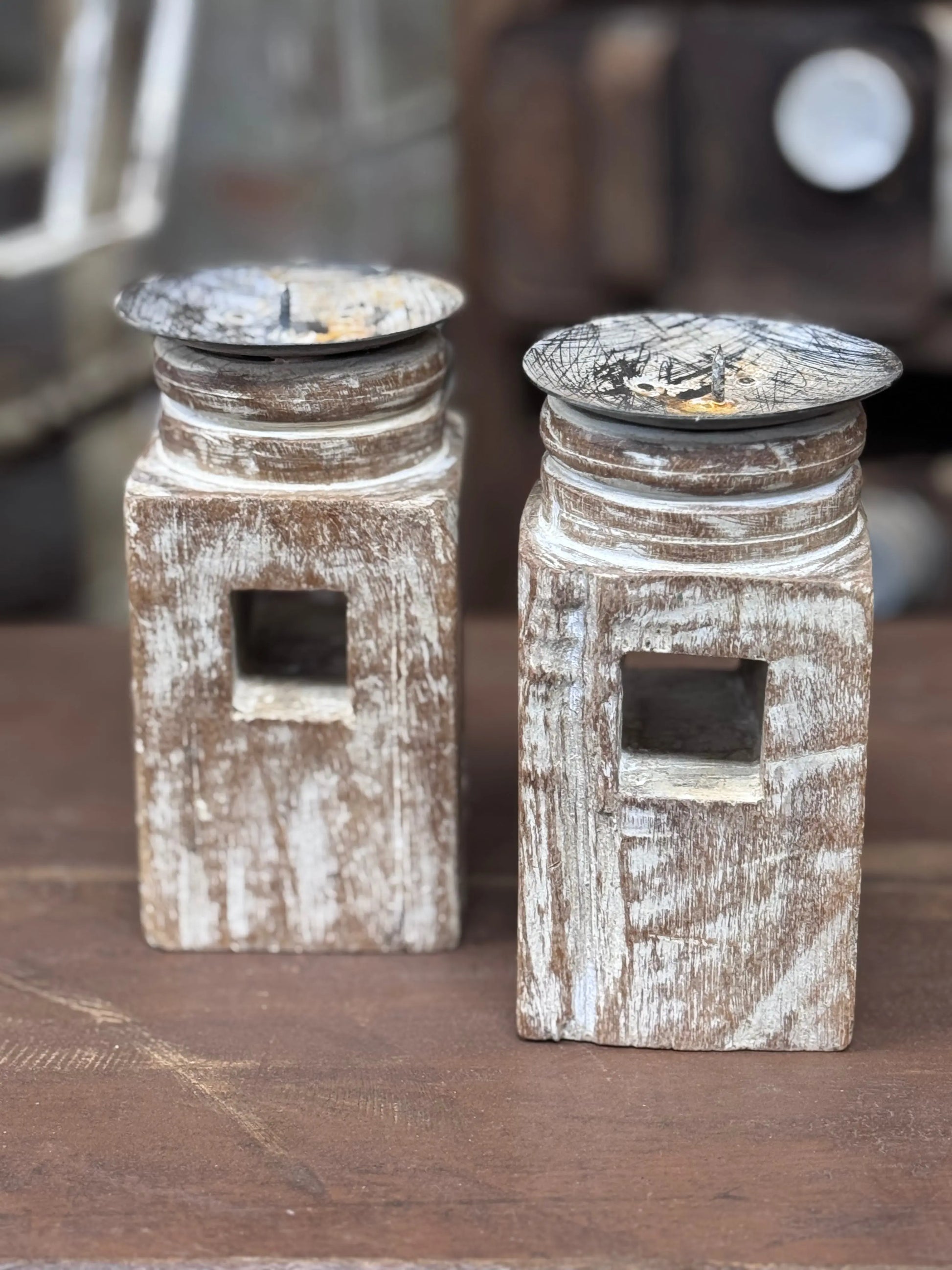 Pair Of Rustic Wooden Candle Holders / Large Church Candle Candlesticks /A RUSTIC WAREHOUSE NORFOLK