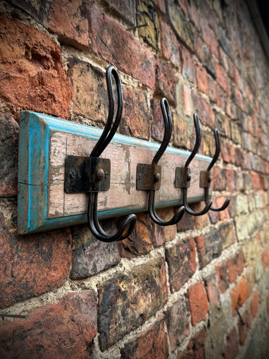 Reclaimed Wooden Coat Hooks / Vintage Rustic Coat Pegs / 4 Hook Coat Hat Rack