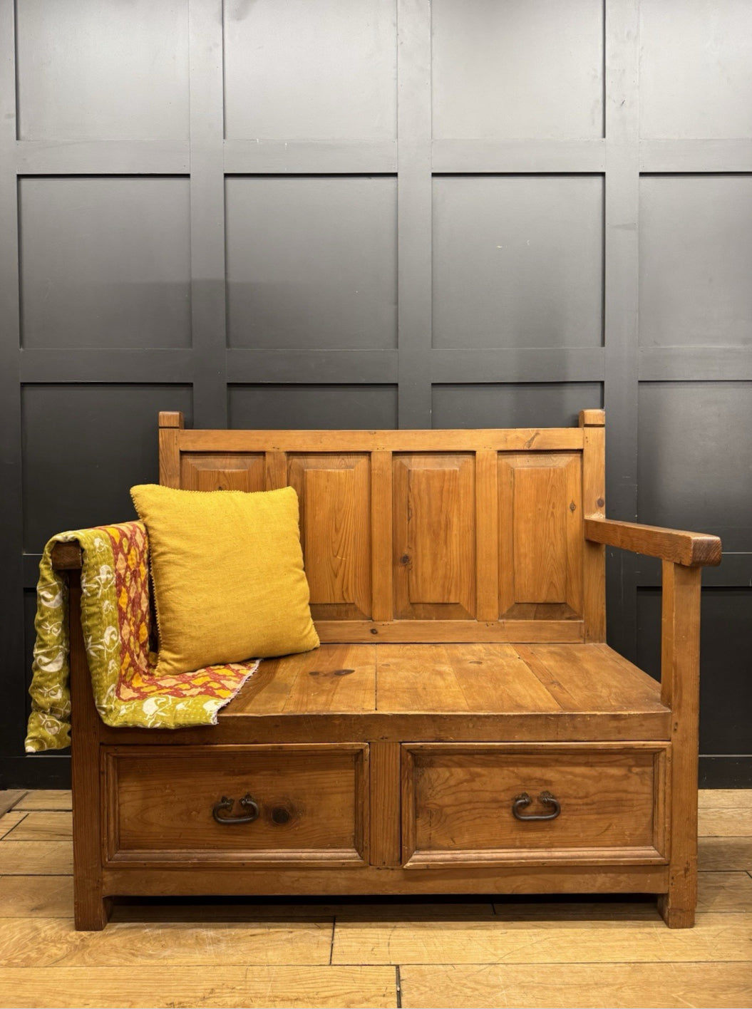 Vintage Pine Monks Bench / Rustic Settle Bench with Storage Drawers