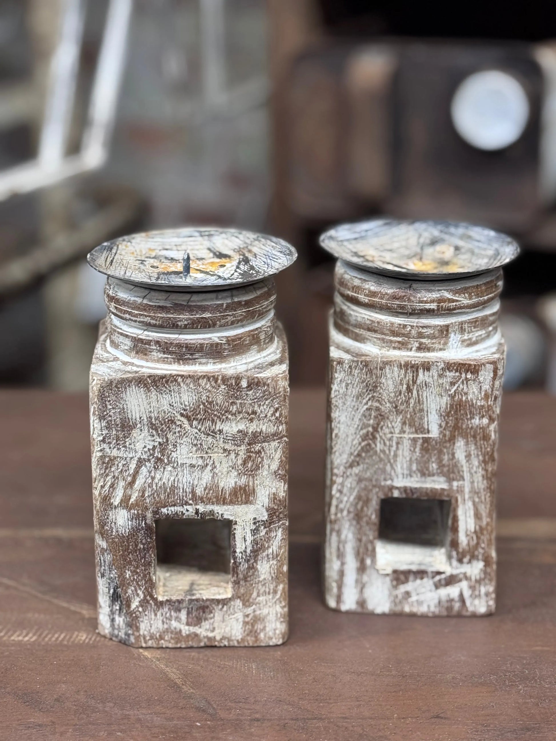 Pair Of Rustic Wooden Candle Holders / Large Church Candle Candlesticks /A RUSTIC WAREHOUSE NORFOLK