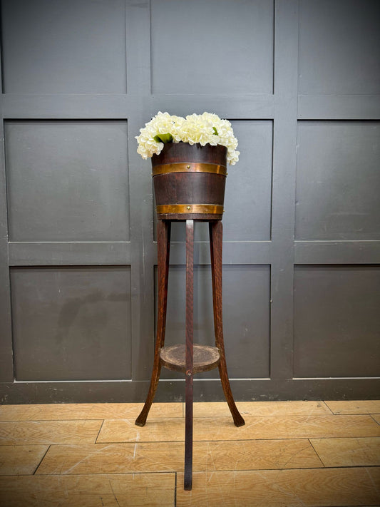 Antique Vintage Planter Jardiniere / R H Lister And Co Barrel Pot Stand In Oak