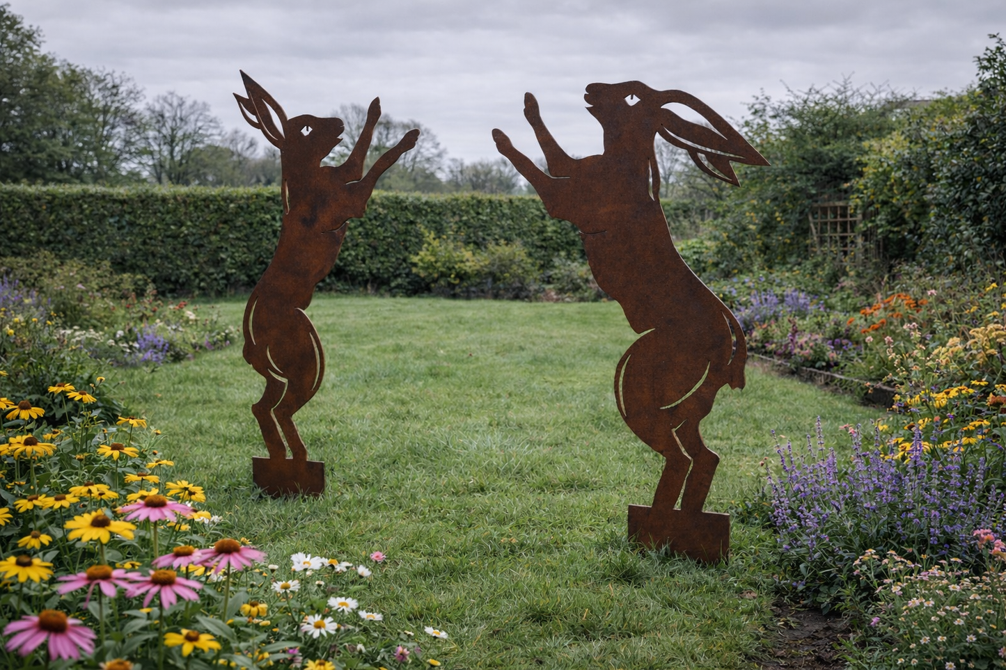 Pair Of Rusty Metal Boxing Hares Garden Decoration