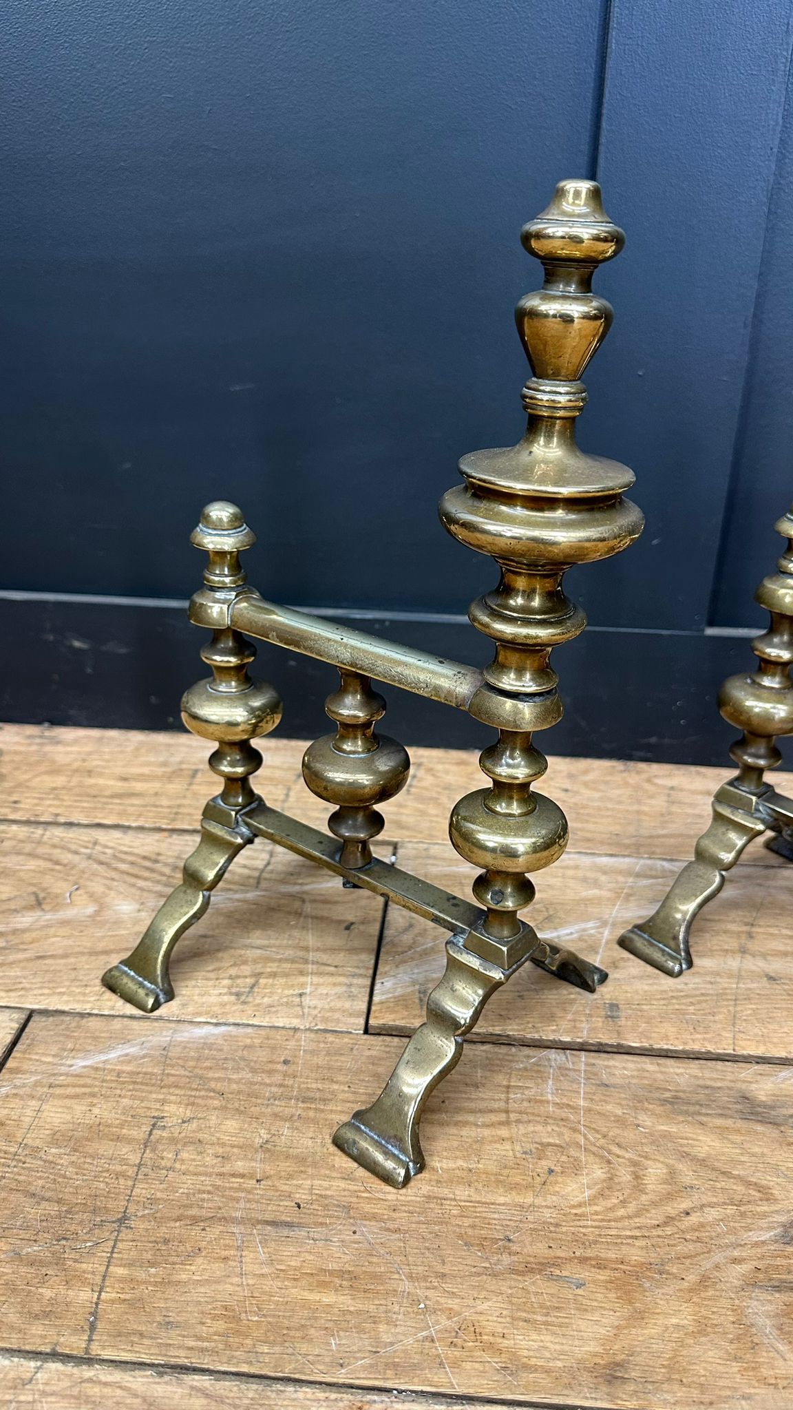 Antique Victorian Brass Fire Dogs / Antique Fireside Companion Stands