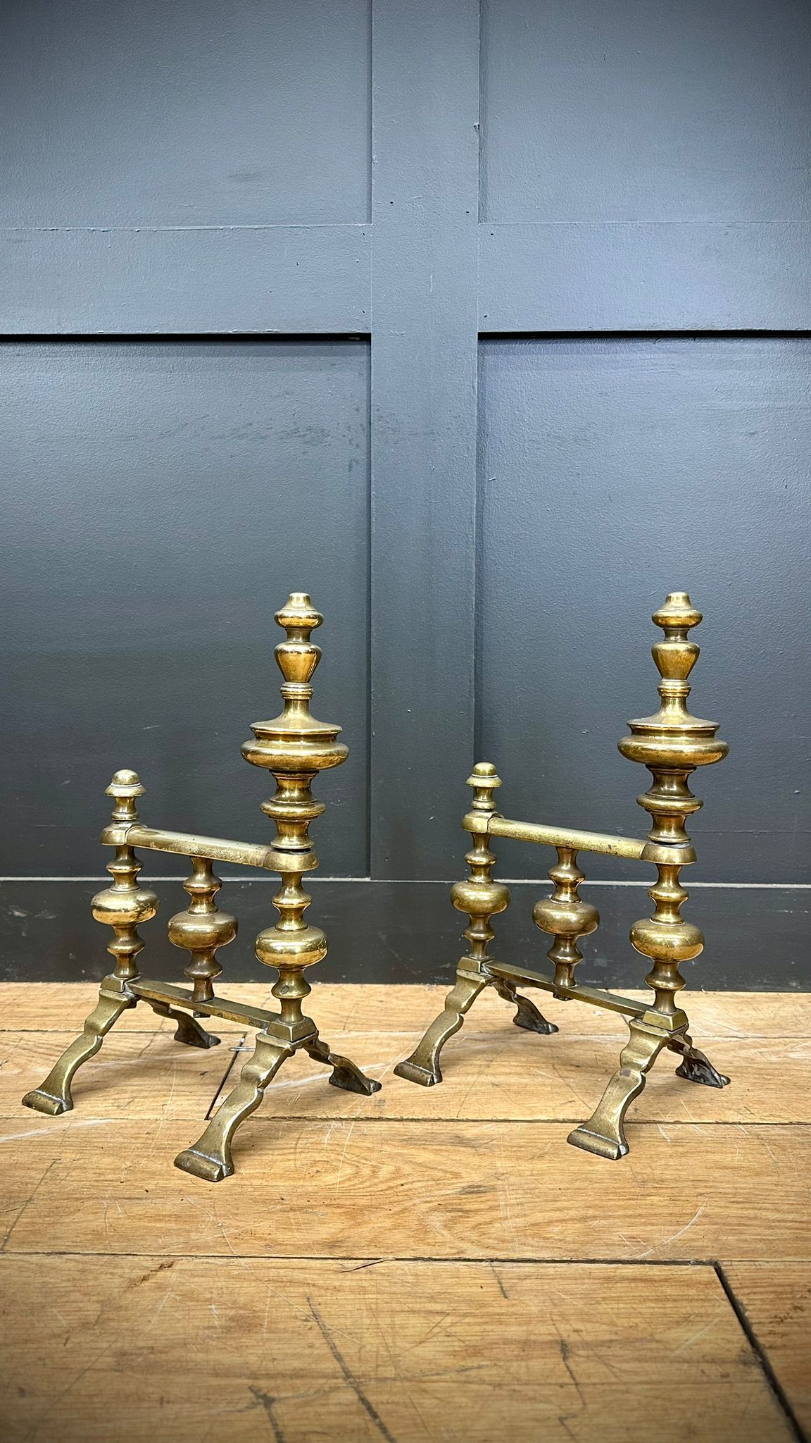 Antique Victorian Brass Fire Dogs / Antique Fireside Companion Stands