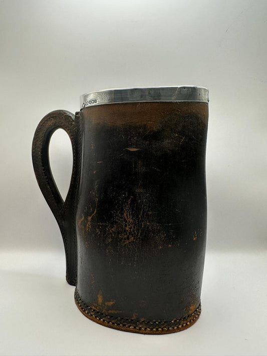 Antique Bombard Jug / Leather And Silver / Tankard / Blackjack