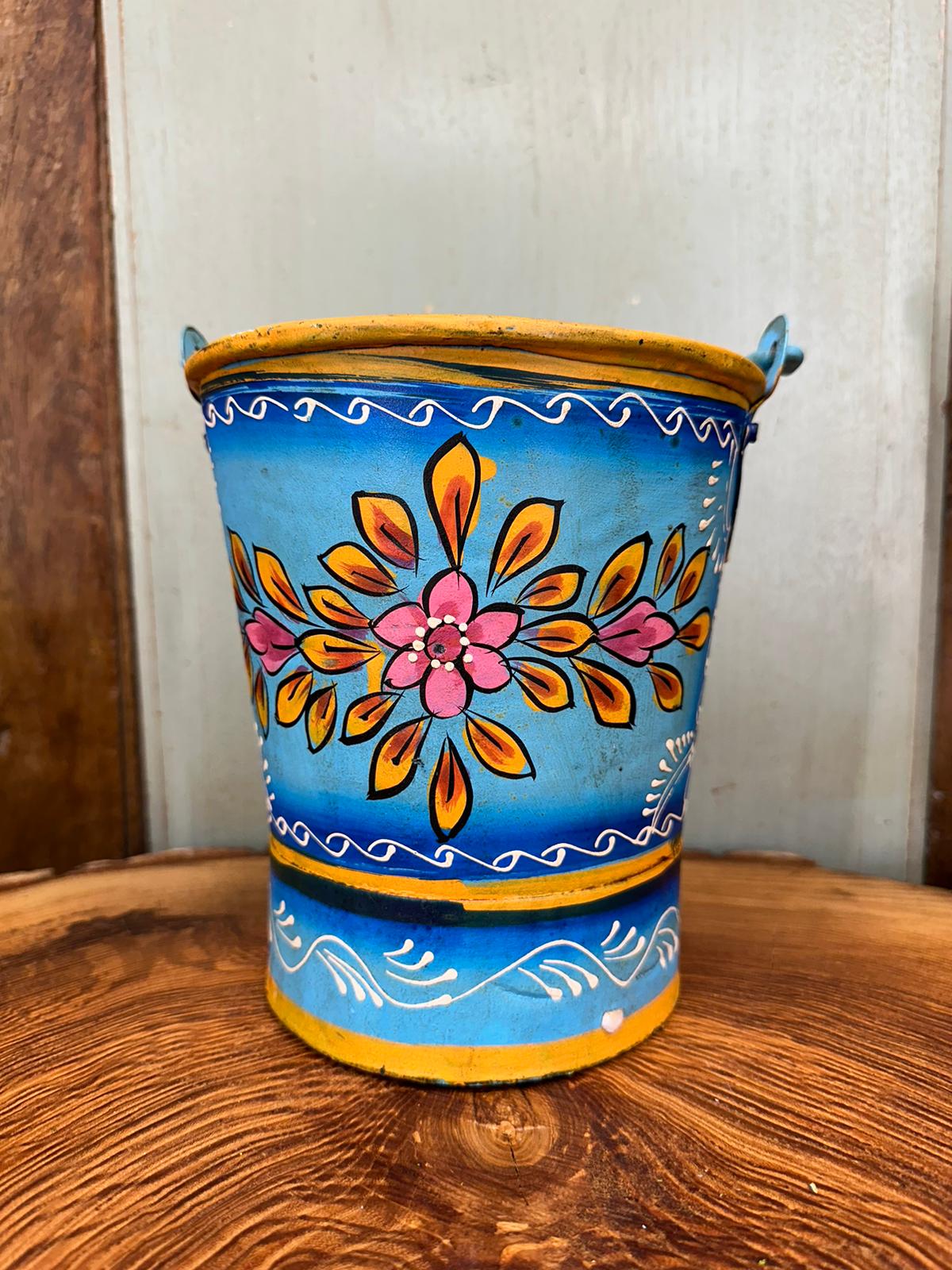 Vintage Small Hand Painted Bucket / Plant Pot / Herb Planter / Blue Pail