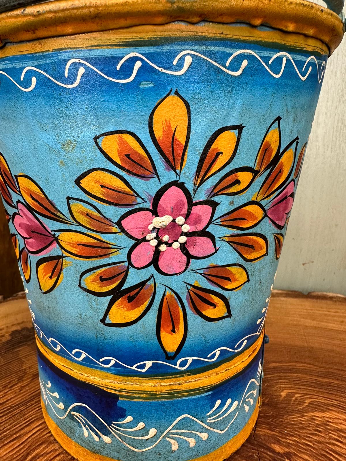 Vintage Small Hand Painted Bucket / Plant Pot / Herb Planter / Blue Pail
