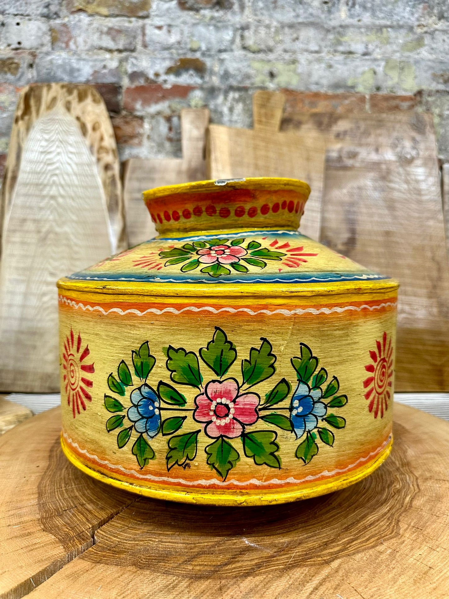 Vintage Painted Indian Water Pot / Riveted Handmade Metal Pot / Metal Vase A