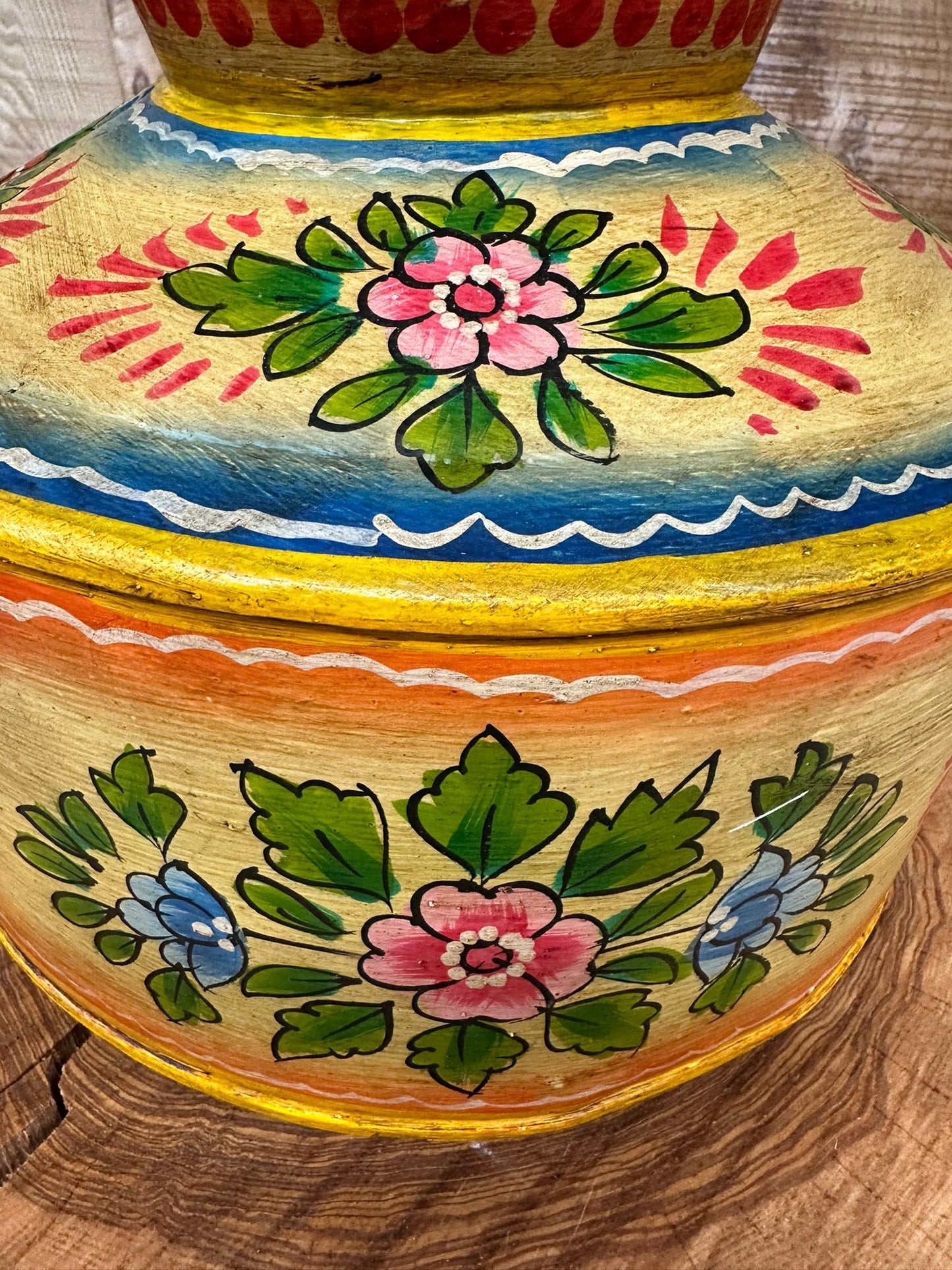 Vintage Painted Indian Water Pot / Riveted Handmade Metal Pot / Metal Vase A