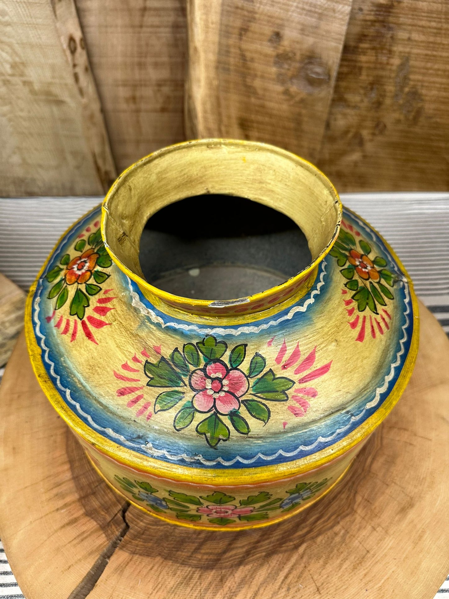 Vintage Painted Indian Water Pot / Riveted Handmade Metal Pot / Metal Vase A