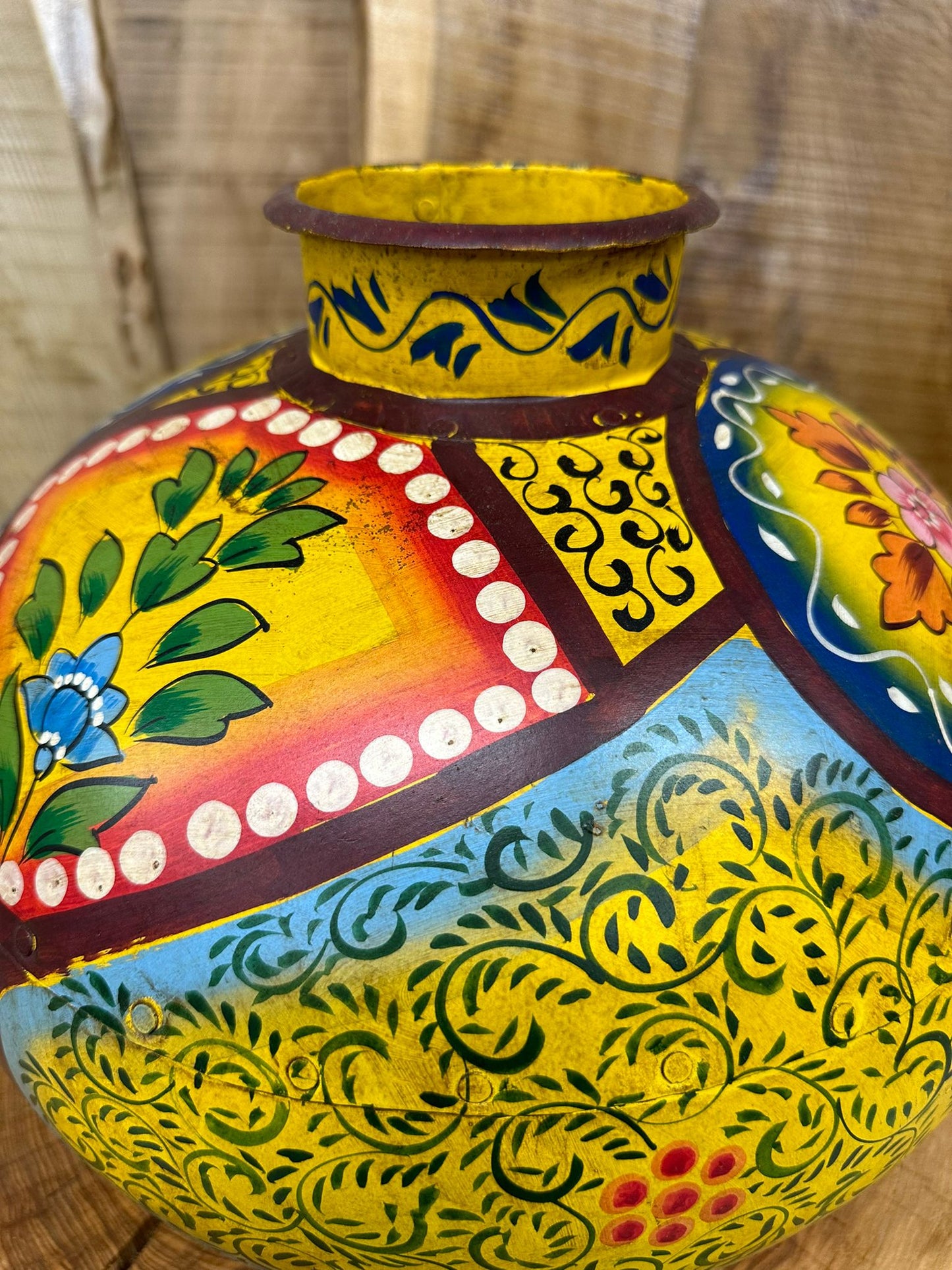 Vintage Painted Indian Water Pot Vase / Riveted Hand Beaten Metal Plant Pot B