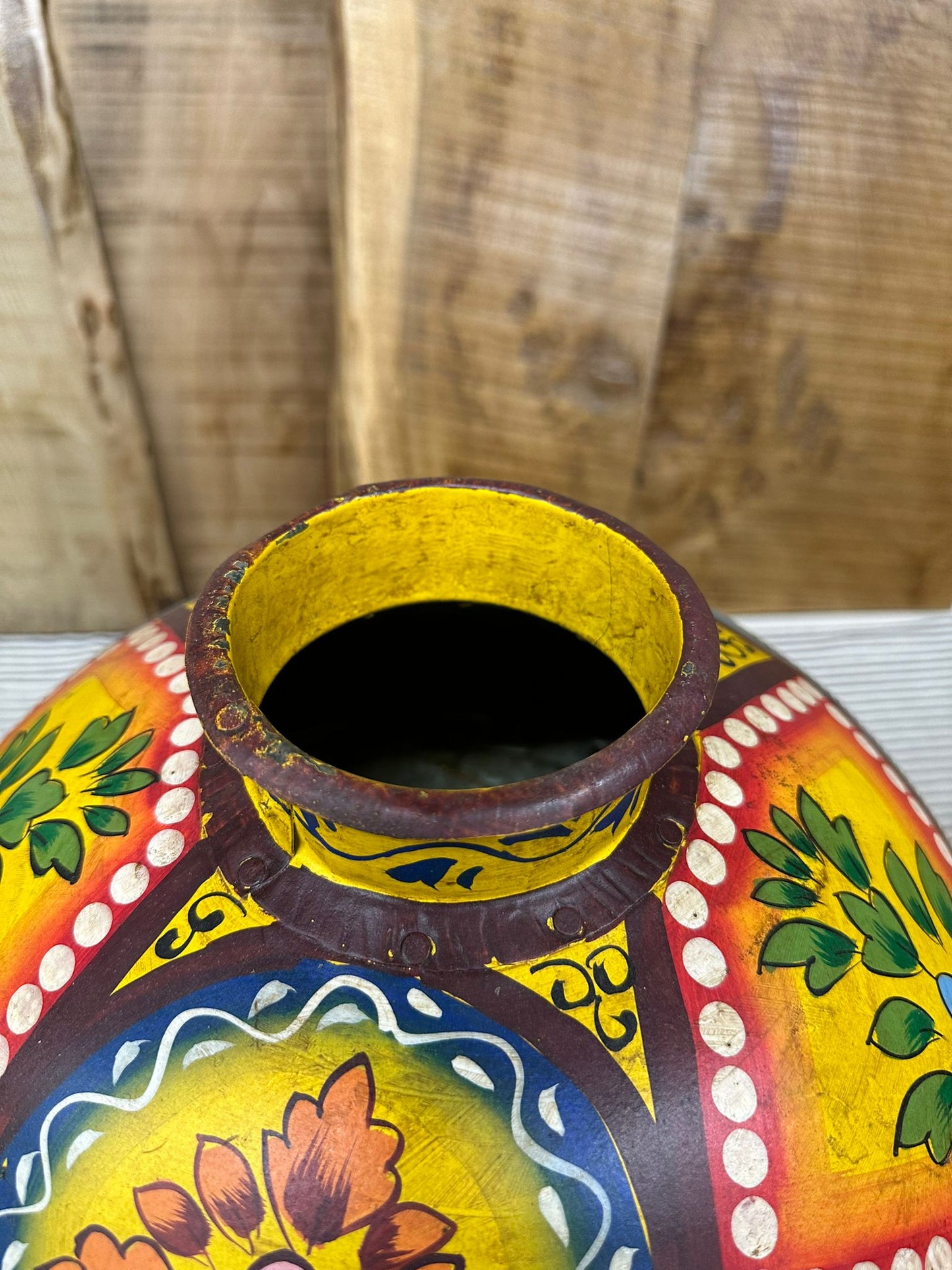 Vintage Painted Indian Water Pot Vase / Riveted Hand Beaten Metal Plant Pot B