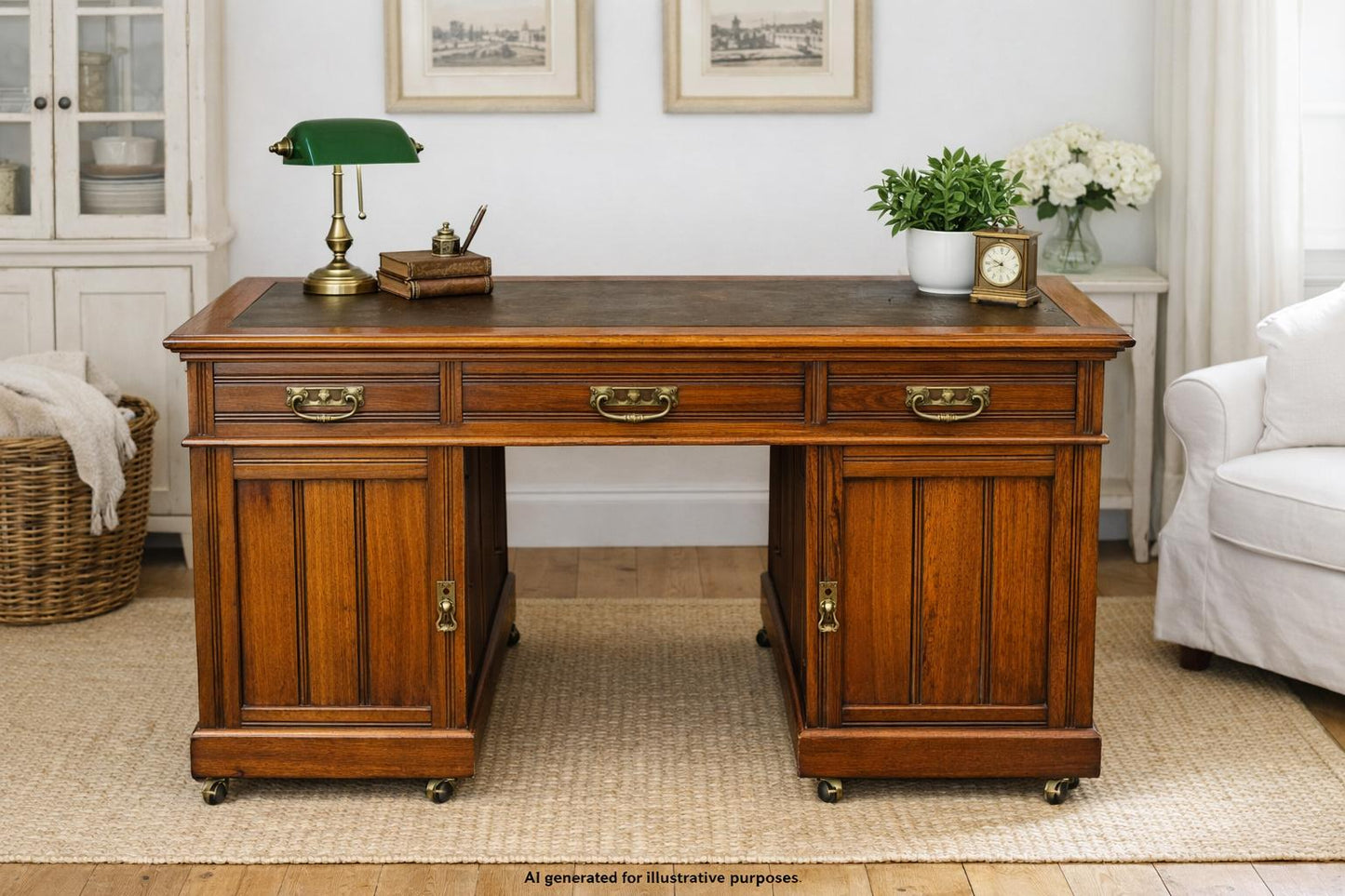 Edwardian Walnut Pedestal Desk with Leather Writing Top / Office Study Furniture