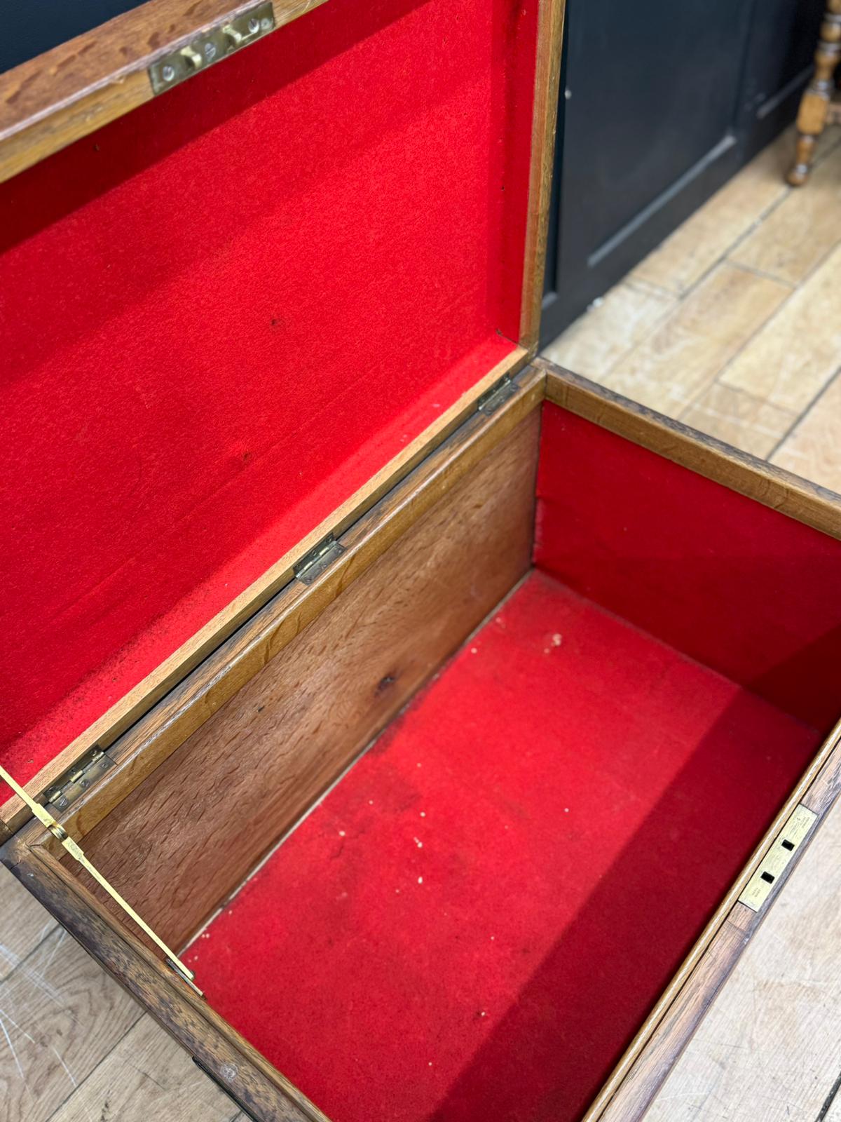 Antique Oak Box Trunk Chest Coffee Table Storage Brass Handles Campaign Style