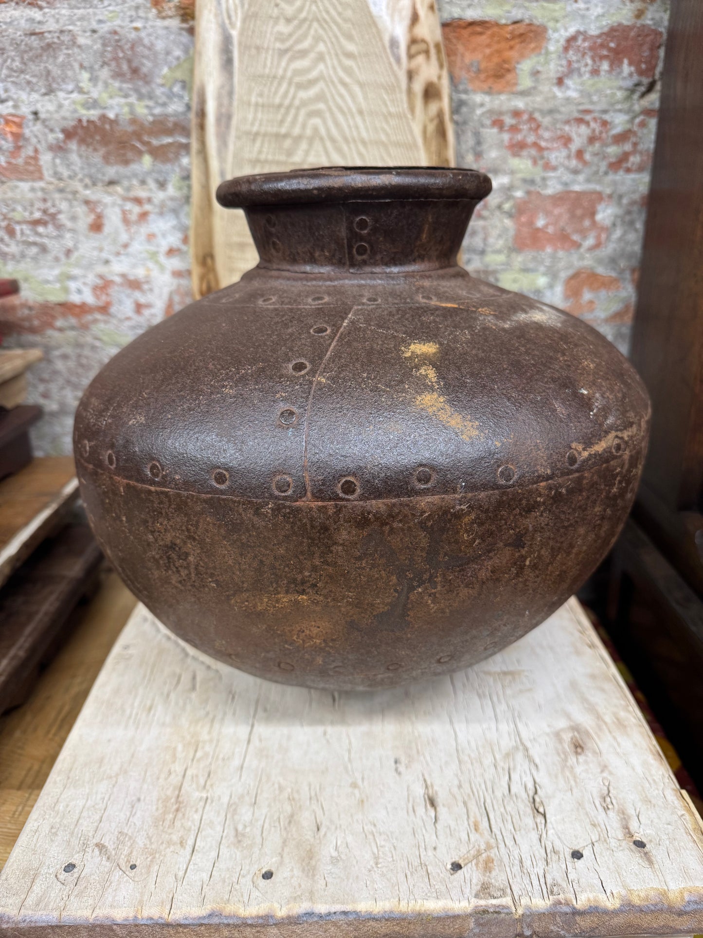 Vintage Indian Water Pot / Riveted Hand Beaten Metal Plant Pot / Metal Vase C