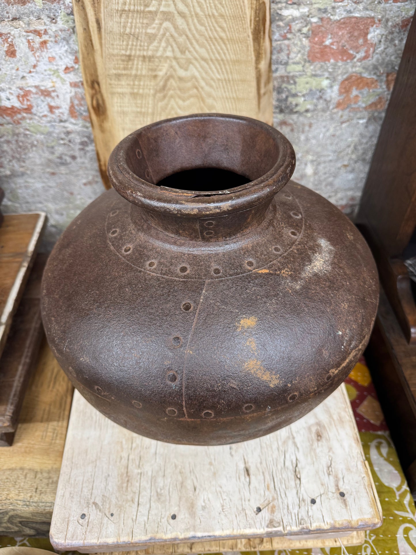 Vintage Indian Water Pot / Riveted Hand Beaten Metal Plant Pot / Metal Vase C