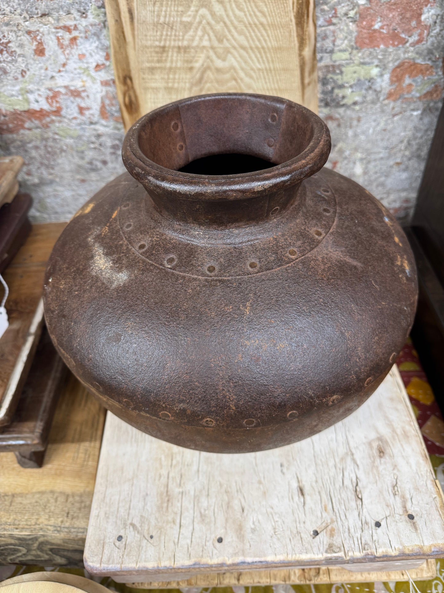 Vintage Indian Water Pot / Riveted Hand Beaten Metal Plant Pot / Metal Vase C