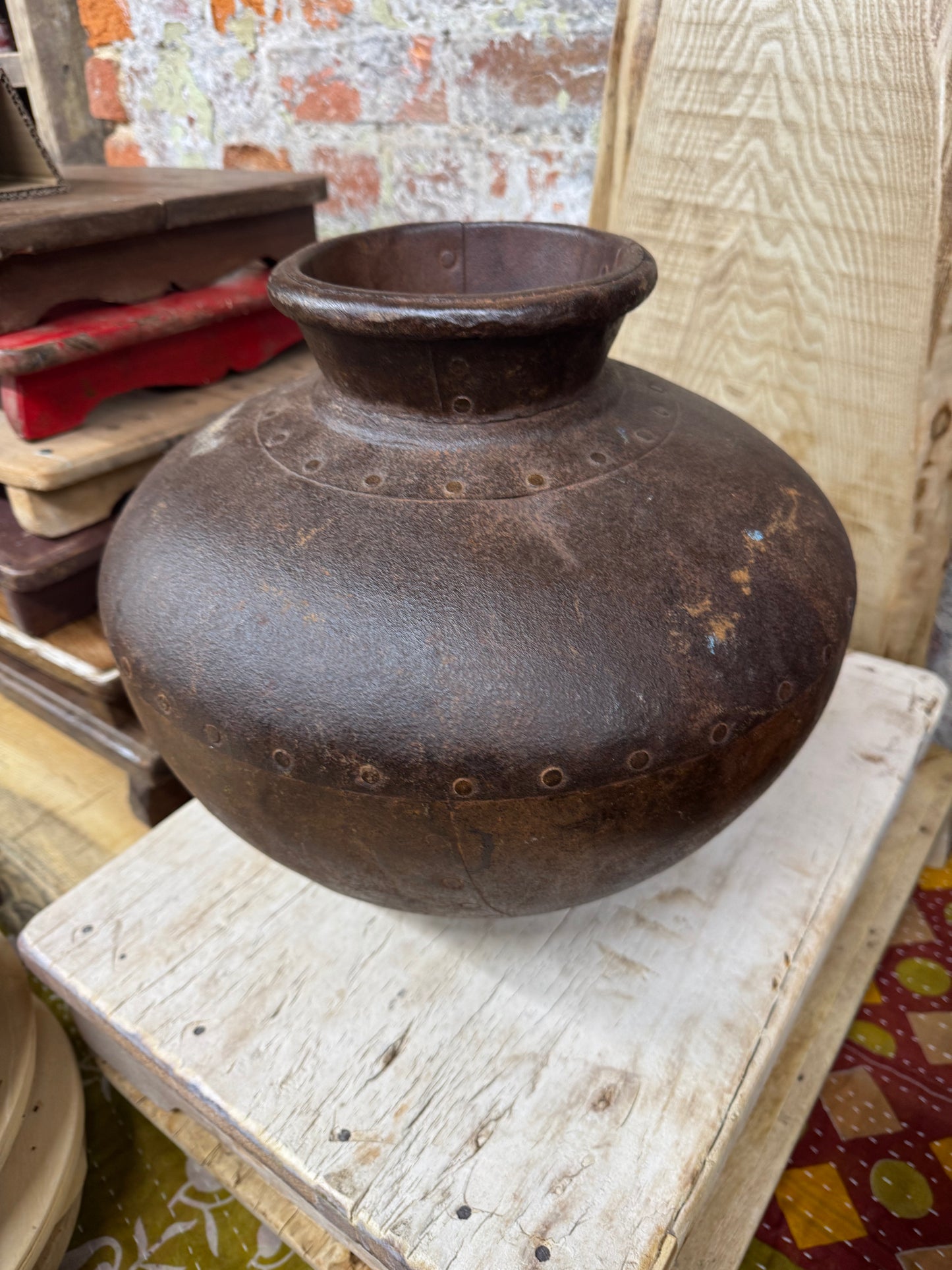 Vintage Indian Water Pot / Riveted Hand Beaten Metal Plant Pot / Metal Vase C