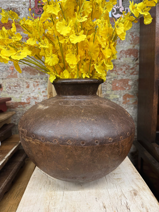Vintage Indian Water Pot / Riveted Hand Beaten Metal Plant Pot / Metal Vase C