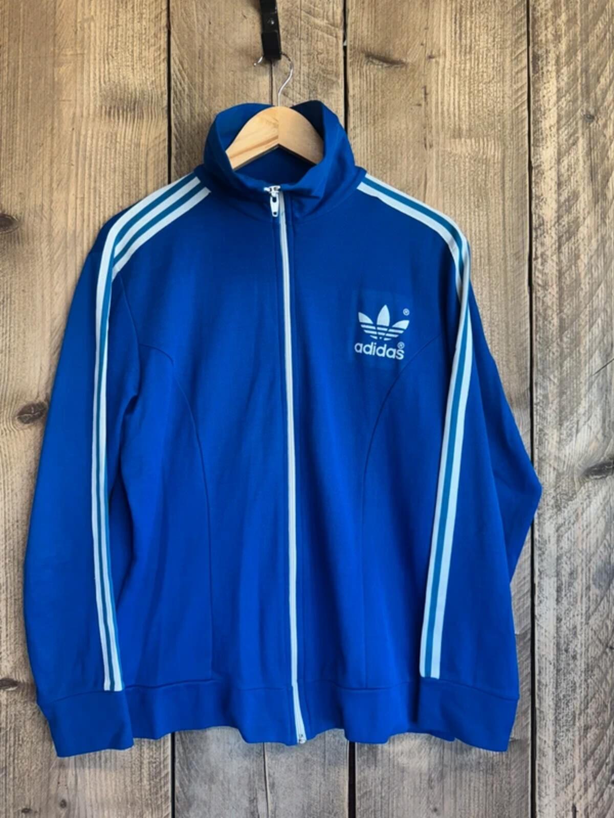 Vintage Adidas Tracksuit Top Jacket Blue White 80s Made In Hong Kong Medium #349