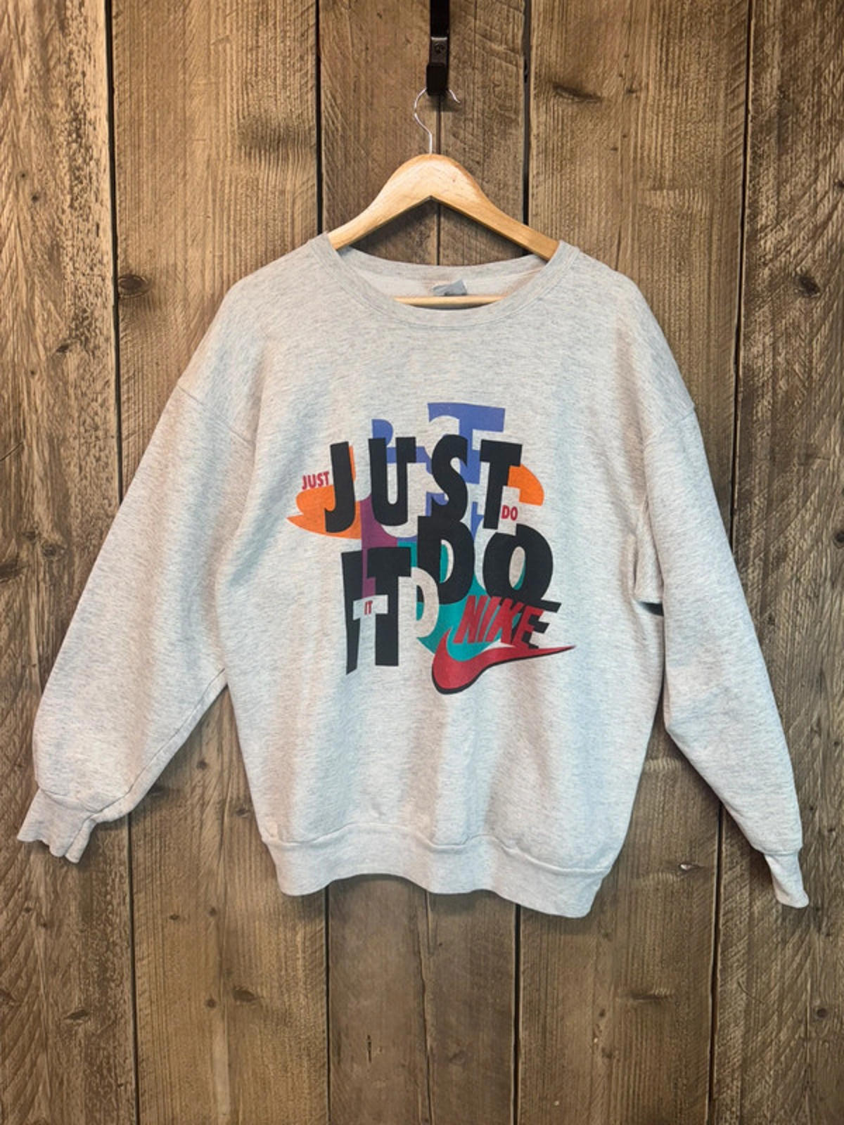 Vintage 80s Original Nike Just Do It Grey Spell Out Jumper Top Sweater Large.