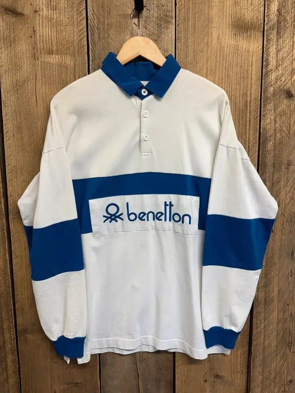 Vintage men’s Benetton Rugby Shirt Top jumper sweatshirt Medium #502