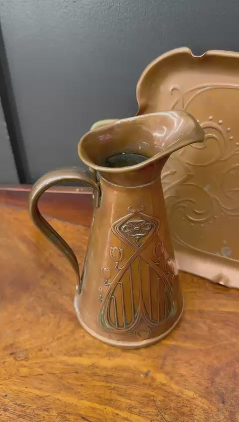 Antique Joseph Sankey Copper Jugs & Tray / Art Nouveau Pair Of