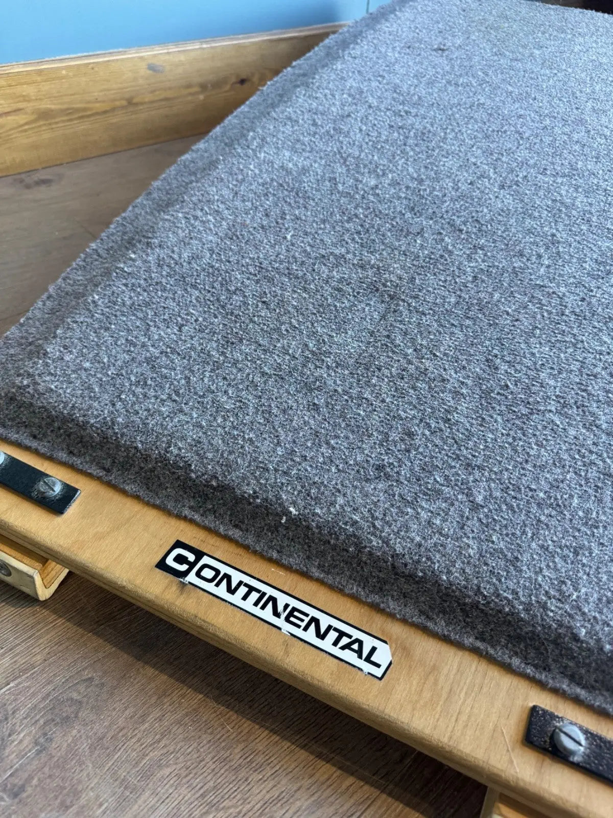 Continental vintage pommel horse grey laminated plywood with original maker's label and padded surface.
