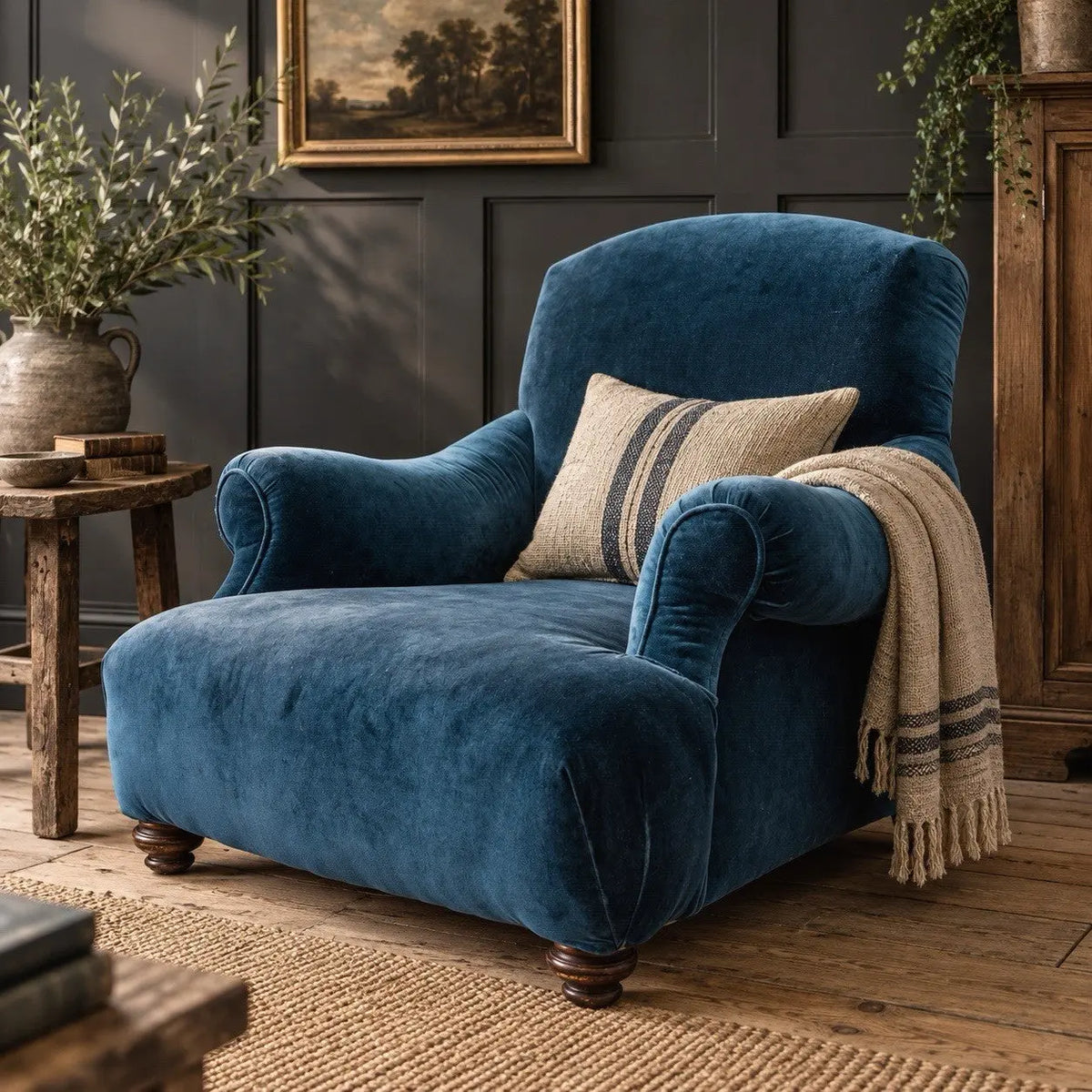 Antique blue velvet armchair with curved back, scroll arms, and stamped 'P' on frame.