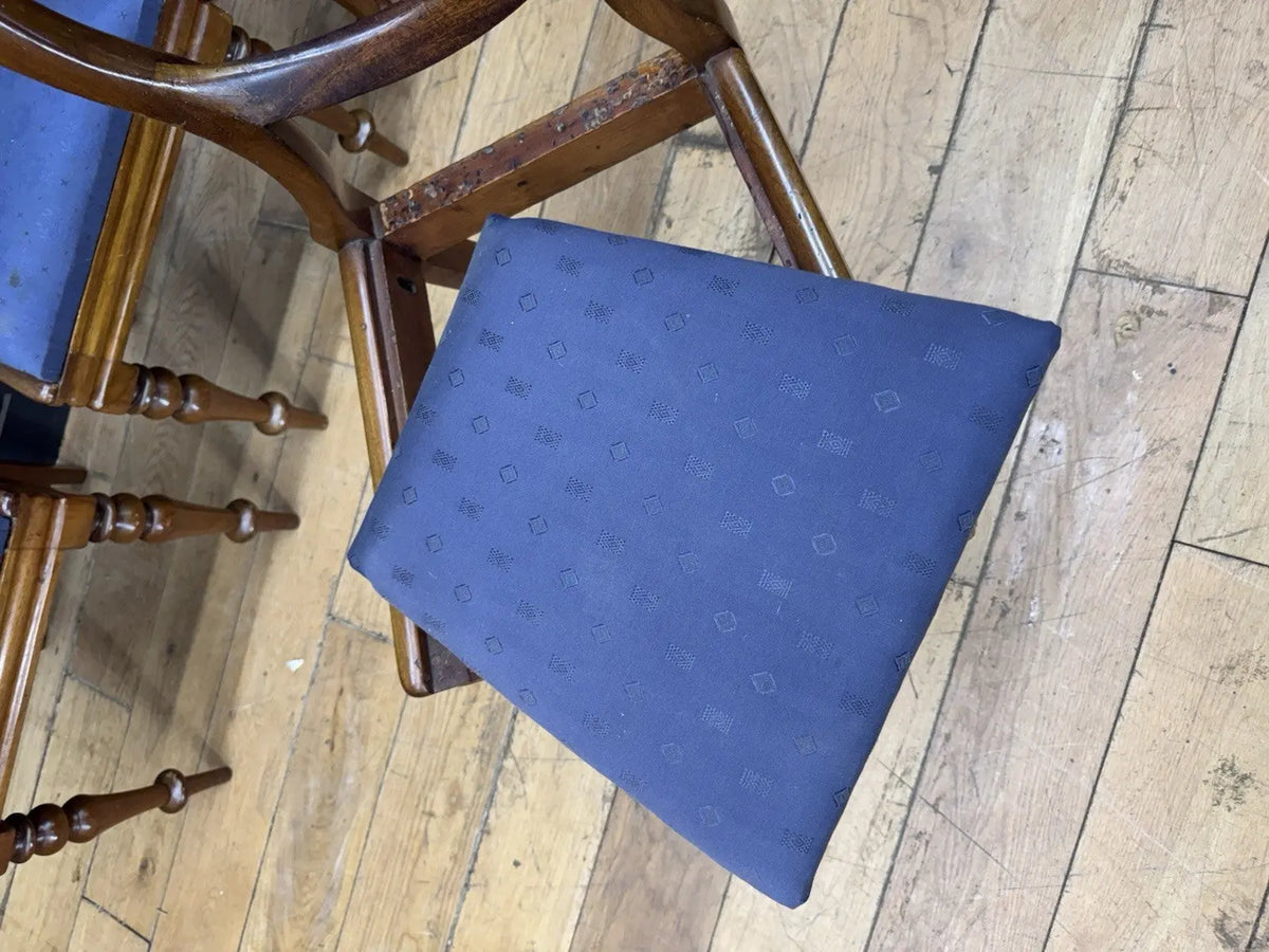 Victorian mahogany dining chairs set of 4, brown with blue patterned upholstery and balloon backs.
