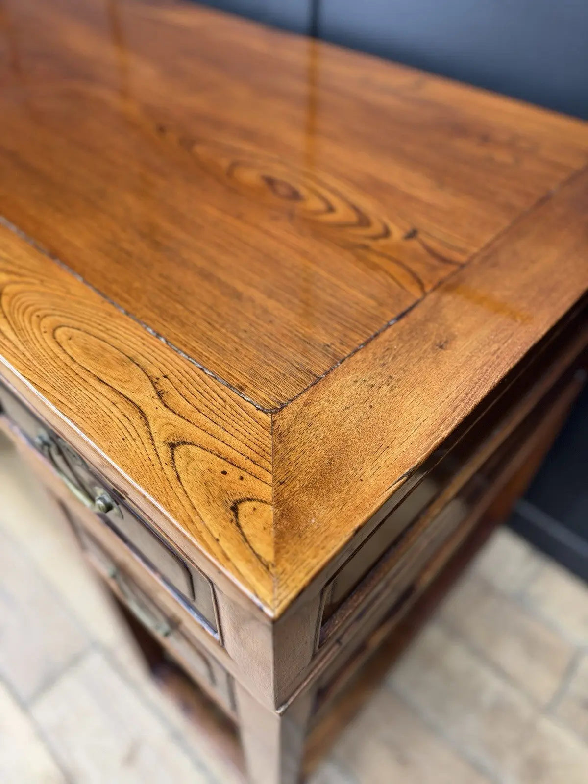 Antique Chinese hardwood writing desk, rich brown finish, elegant traditional pedestal design.