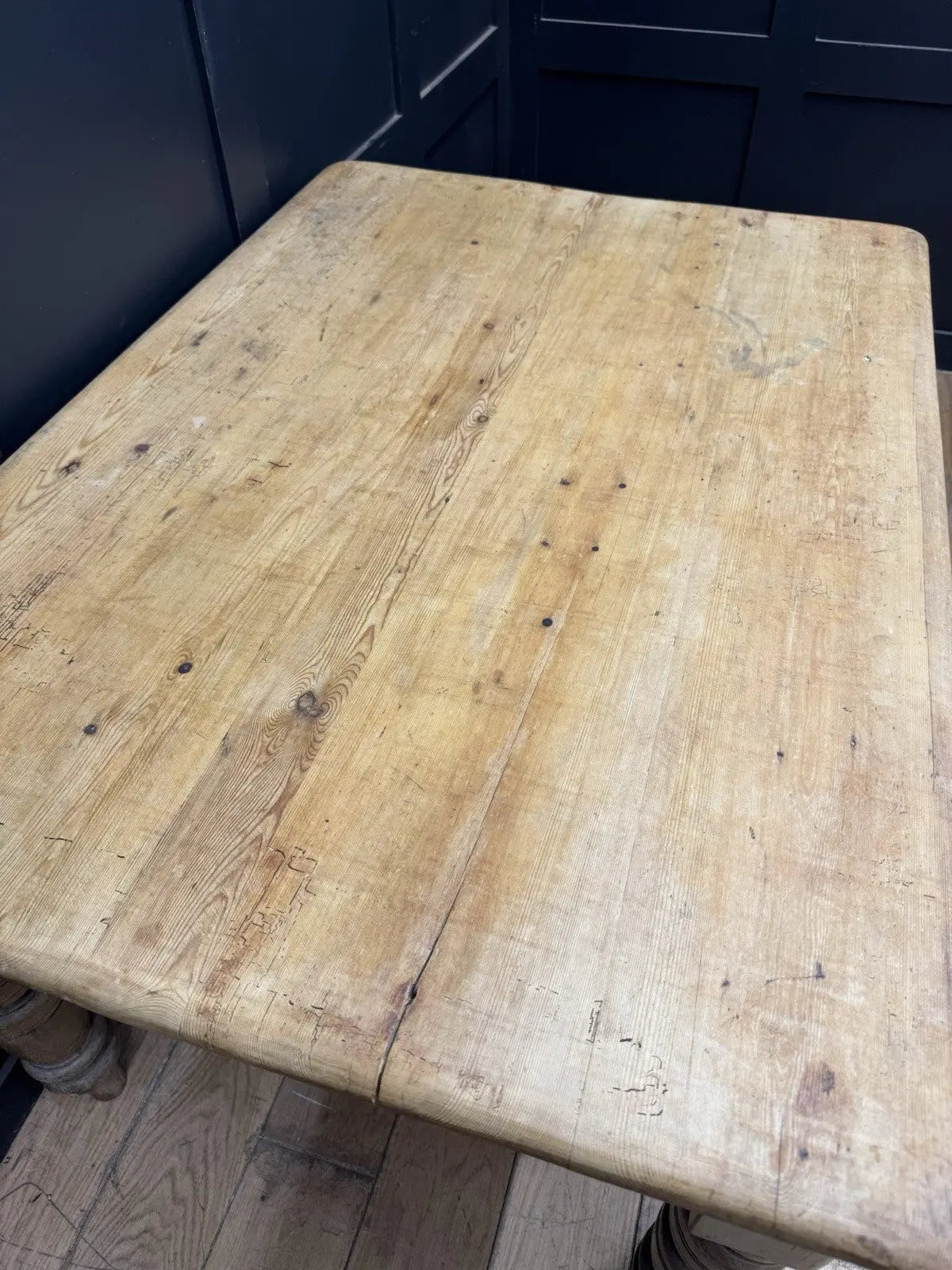 Late Victorian farmhouse kitchen table, scrubbed pine, ring-turned legs, single drawer, timeworn surface.