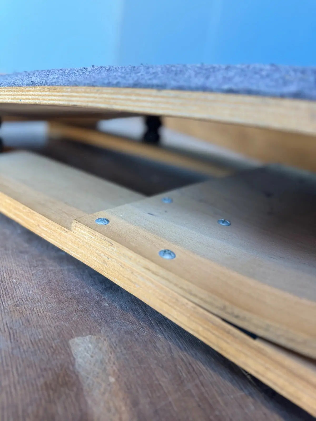 Continental vintage pommel horse grey laminated plywood with original maker's label and padded surface.
