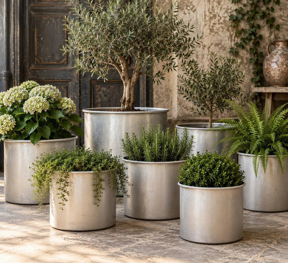 Parisotto green aluminium planters set of seven with cylindrical bodies and maker's label.