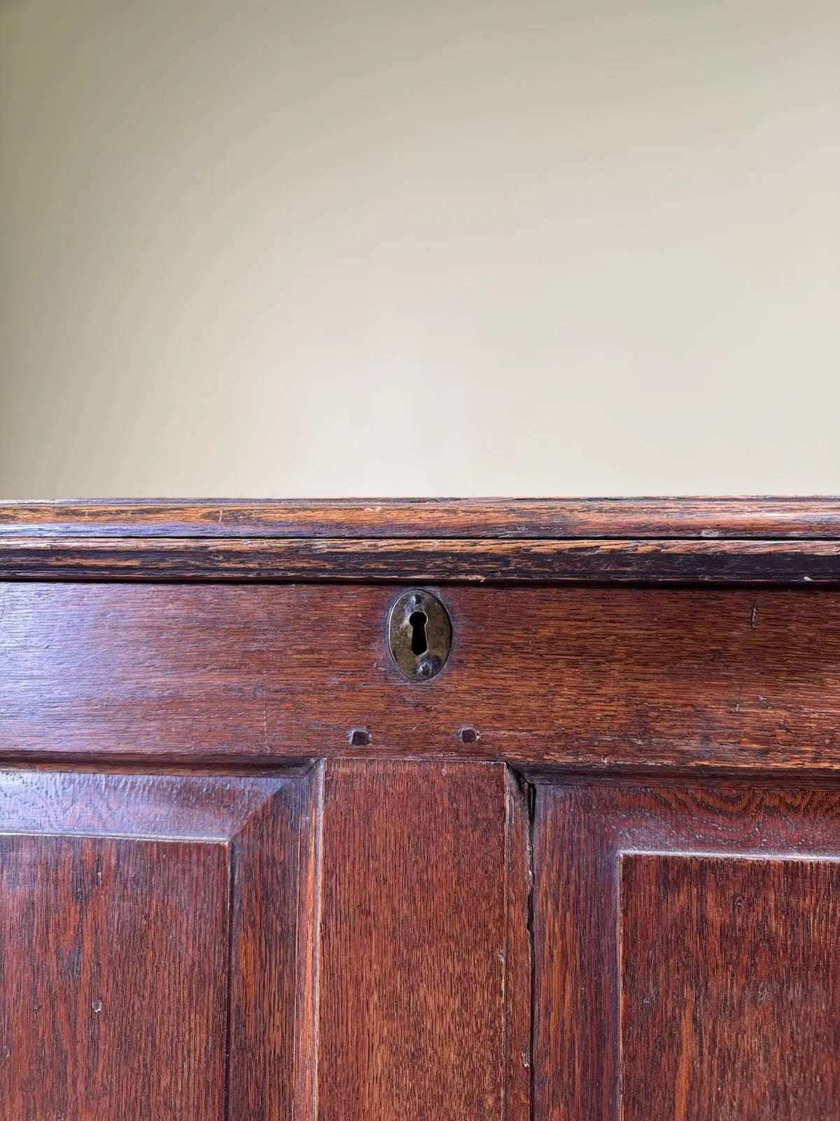 Antique oak mule chest brown four-panelled design with two drawers and rich grain.