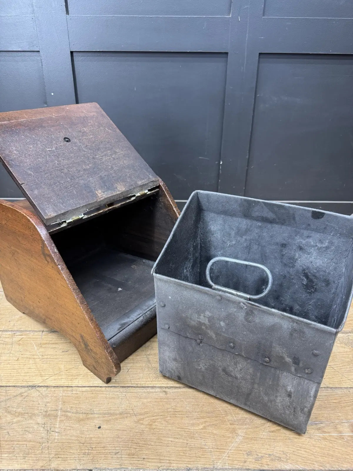 Victorian walnut coal purdonium scuttle box with brass fittings and ornate handle.