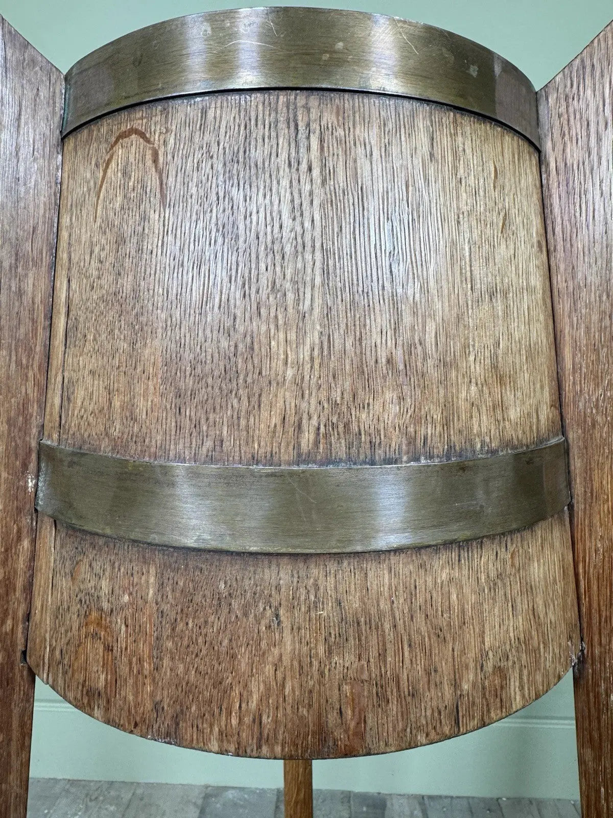R.A. Lister antique oak jardinière plant stand coopered barrel with copper banding and splayed legs.