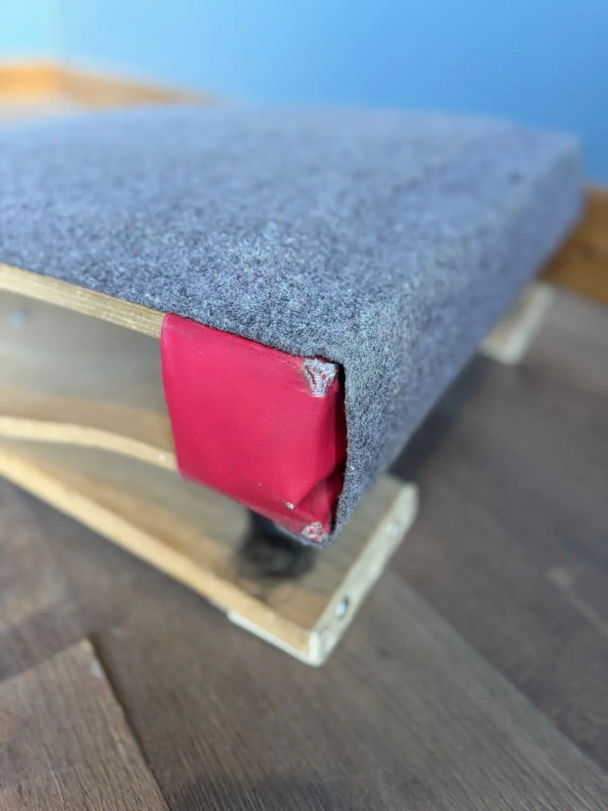 Continental vintage pommel horse grey laminated plywood with original maker's label and padded surface.