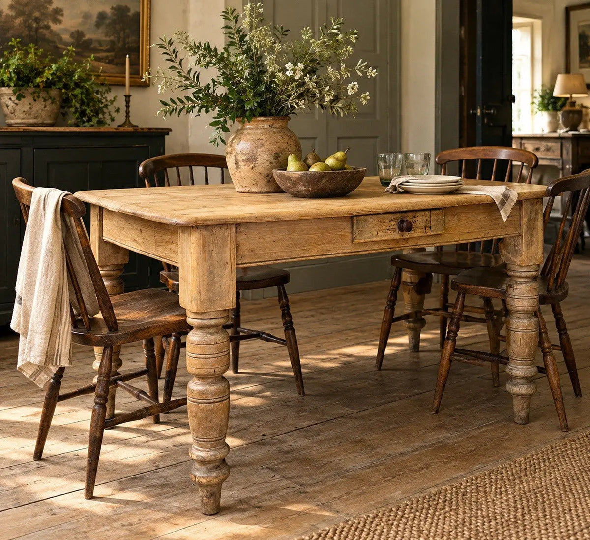 Late Victorian farmhouse kitchen table, scrubbed pine, ring-turned legs, single drawer, timeworn surface.
