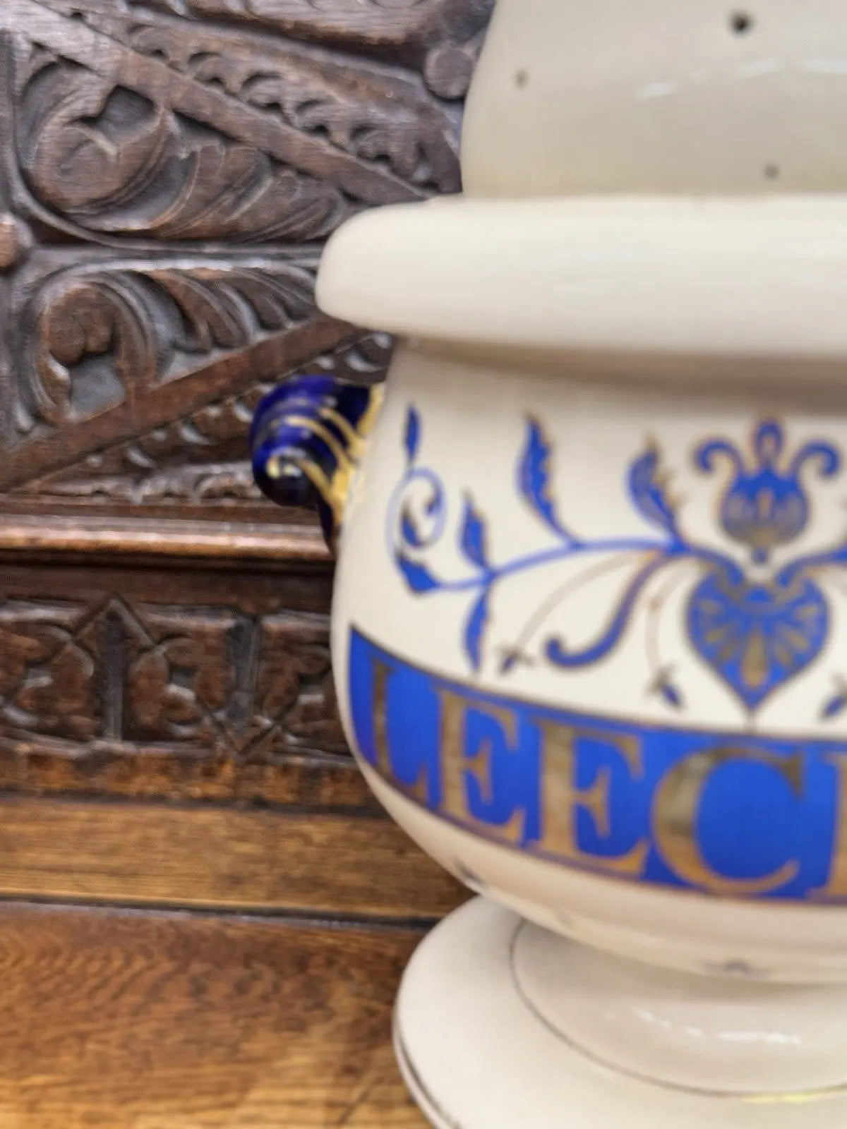 Vintage apothecary leeches jar cream ceramic with cobalt blue gilt detailing and scroll handles