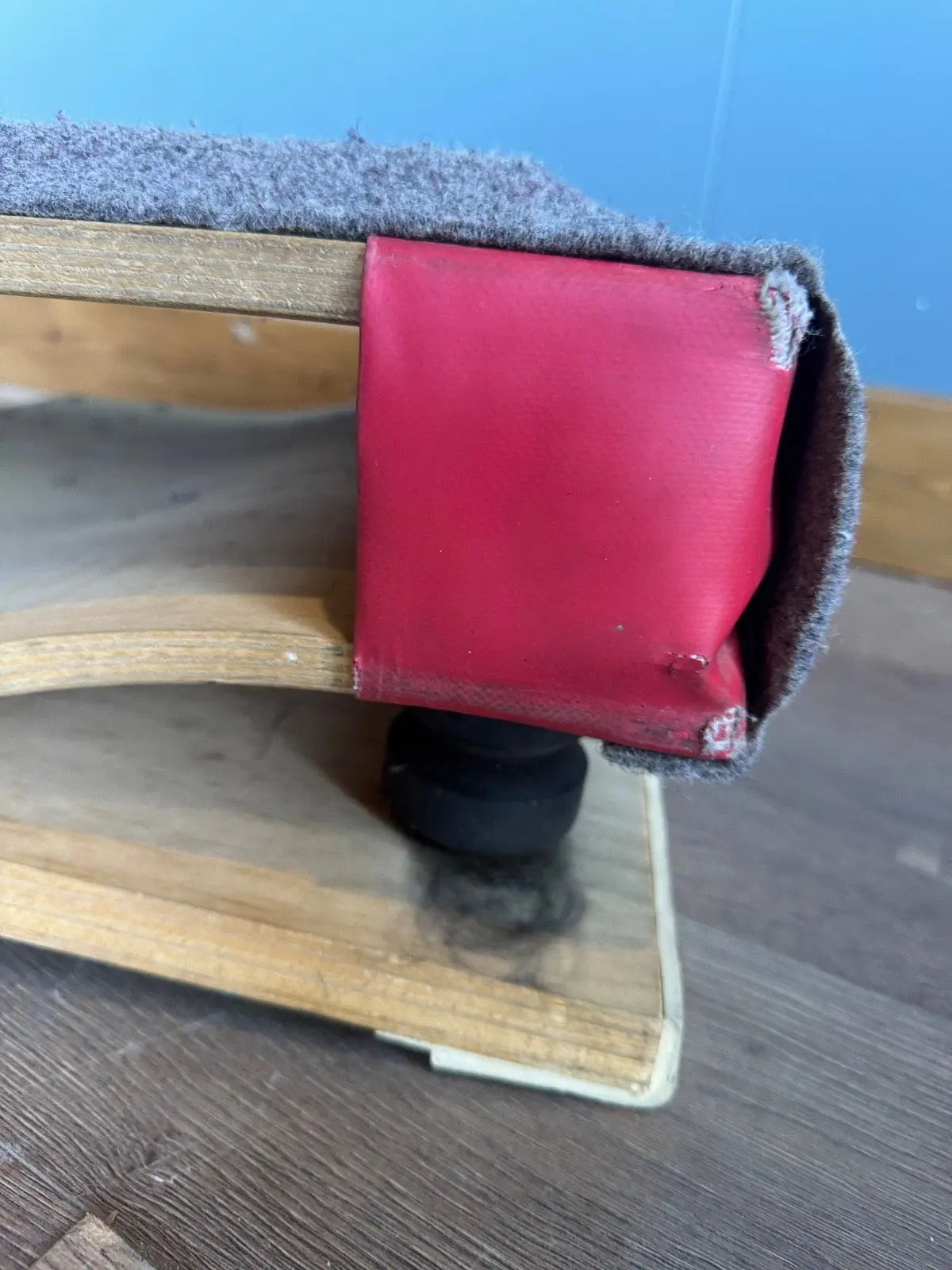 Continental vintage pommel horse grey laminated plywood with original maker's label and padded surface.