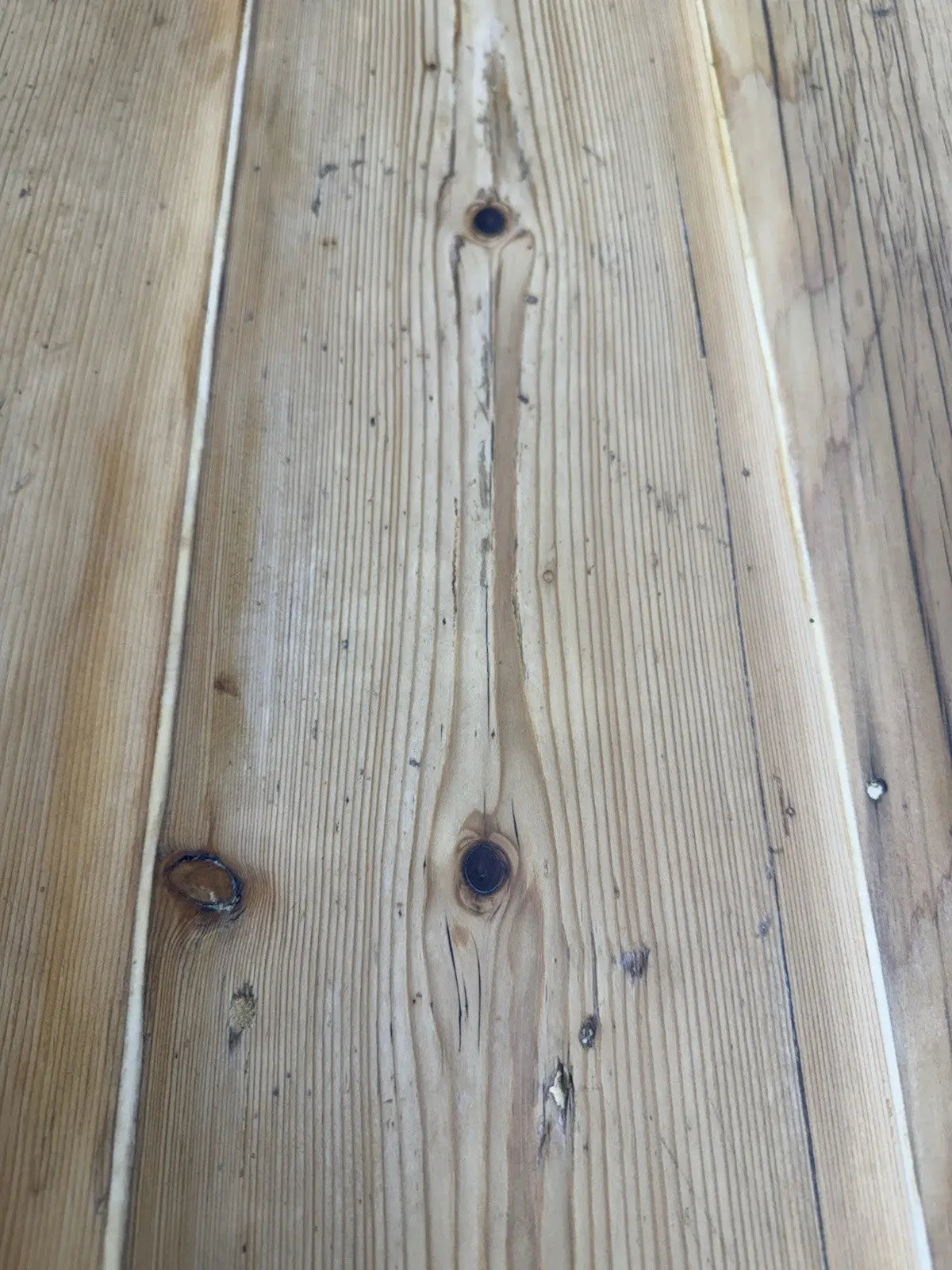 Victorian pine farmhouse dining table brown solid plank top with two drawers and ceramic knobs.