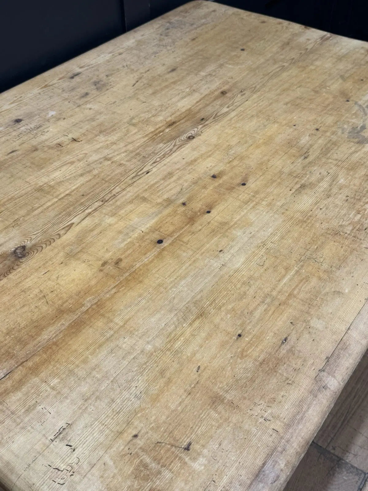 Late Victorian farmhouse kitchen table, scrubbed pine, ring-turned legs, single drawer, timeworn surface.