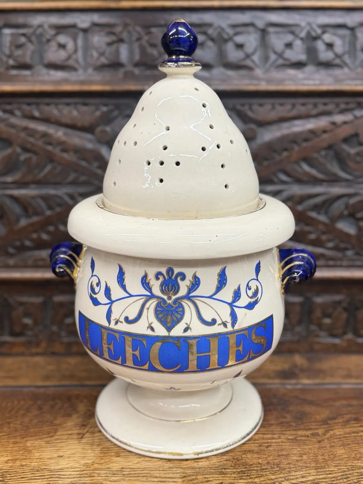 Vintage apothecary leeches jar cream ceramic with cobalt blue gilt detailing and scroll handles