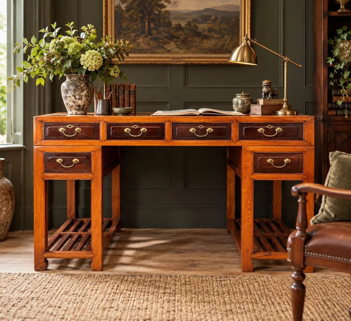 Antique Chinese hardwood writing desk, rich brown finish, elegant traditional pedestal design.