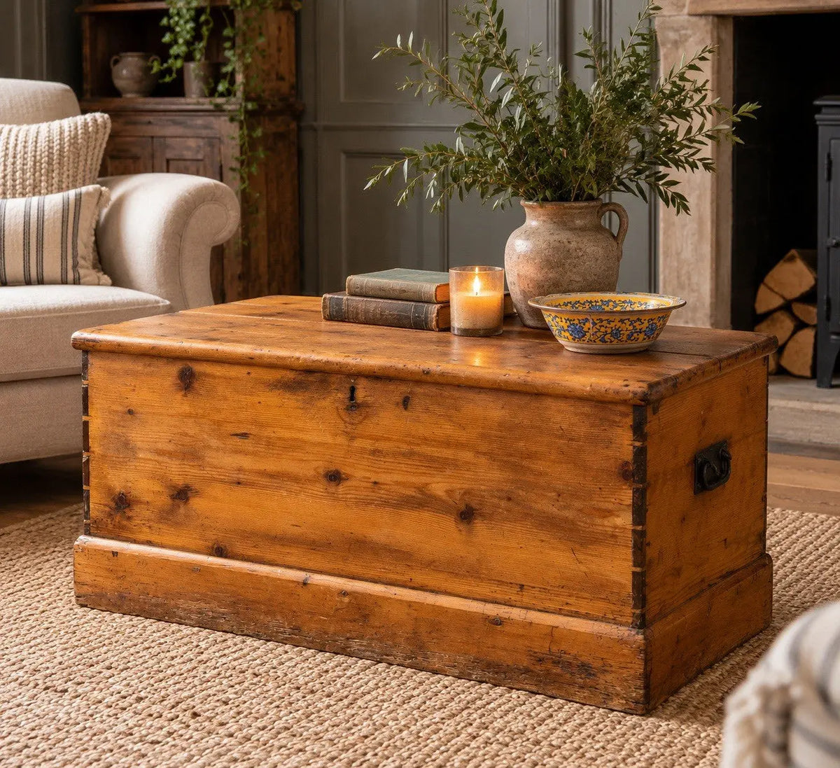 Antique pine hope chest with honey-coloured finish, iron handles, and dovetailed joints.